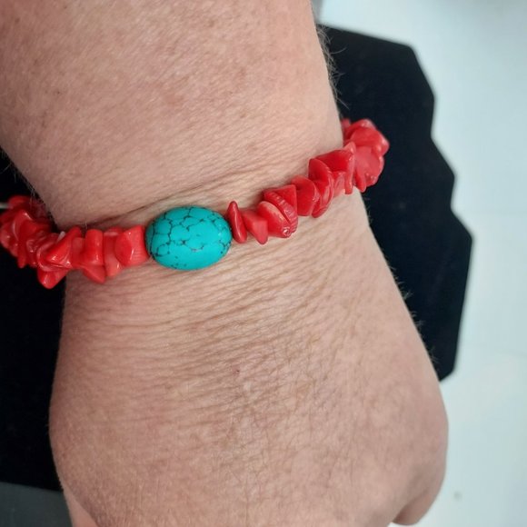Two faux turquoise & coral Bracelets - Picture 12 of 12
